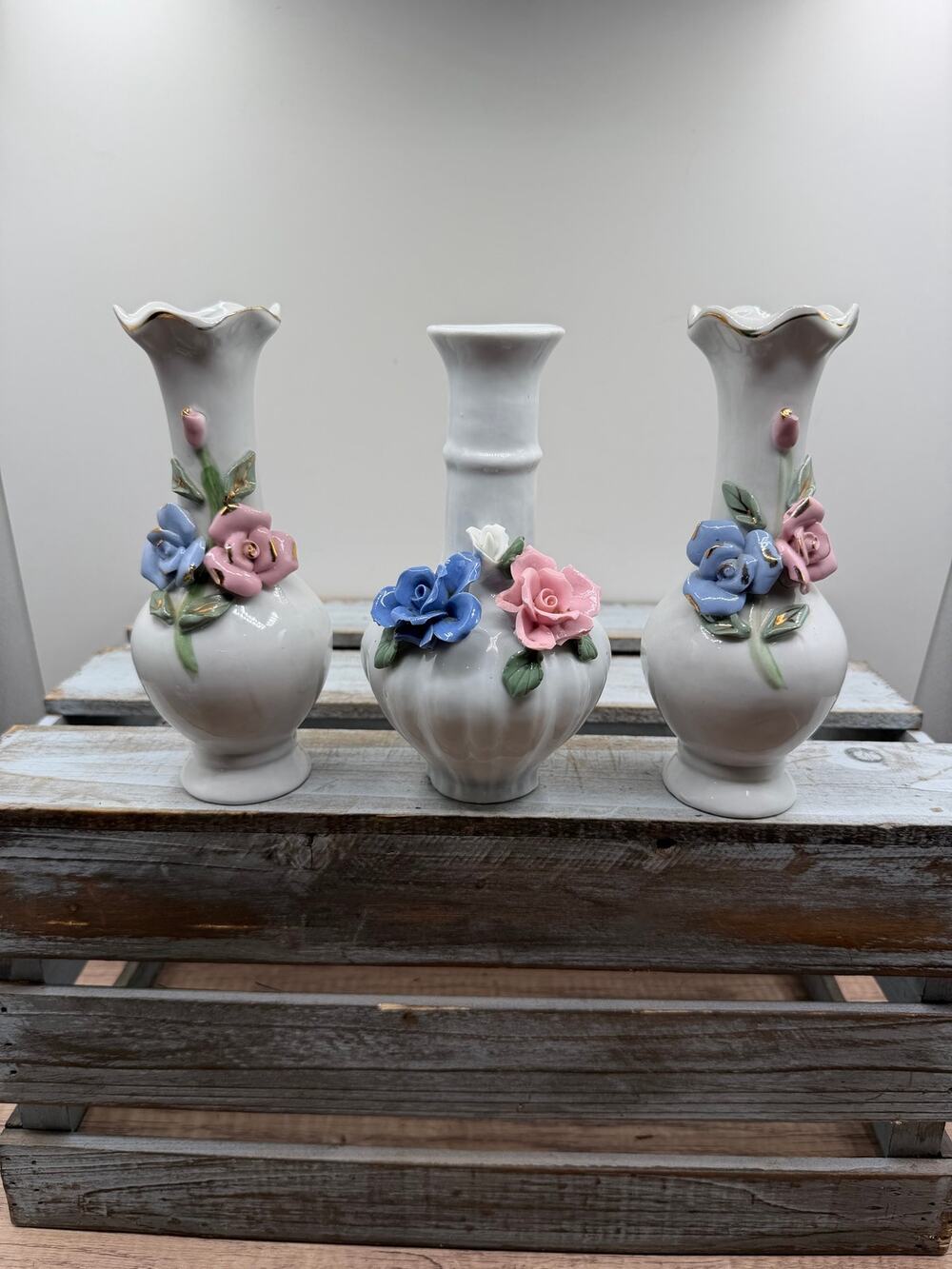 Set of 3 Vintage Porcelain Mini Bud Vases -3D Applied Floral Roses -Gold Trim 6"